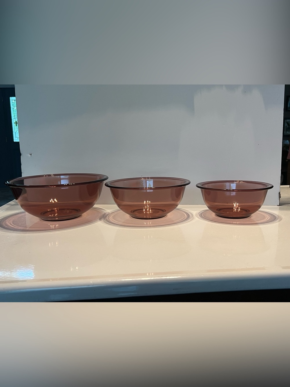 Vintage Set of 3 Pyrex Clear Cranberry Glass Mixing Bowls - #322, #323, #325